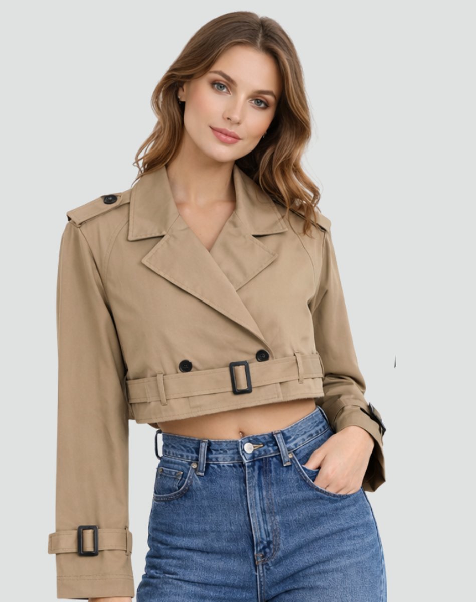 Women's Cropped Double-Breasted Belted Trench Jacket