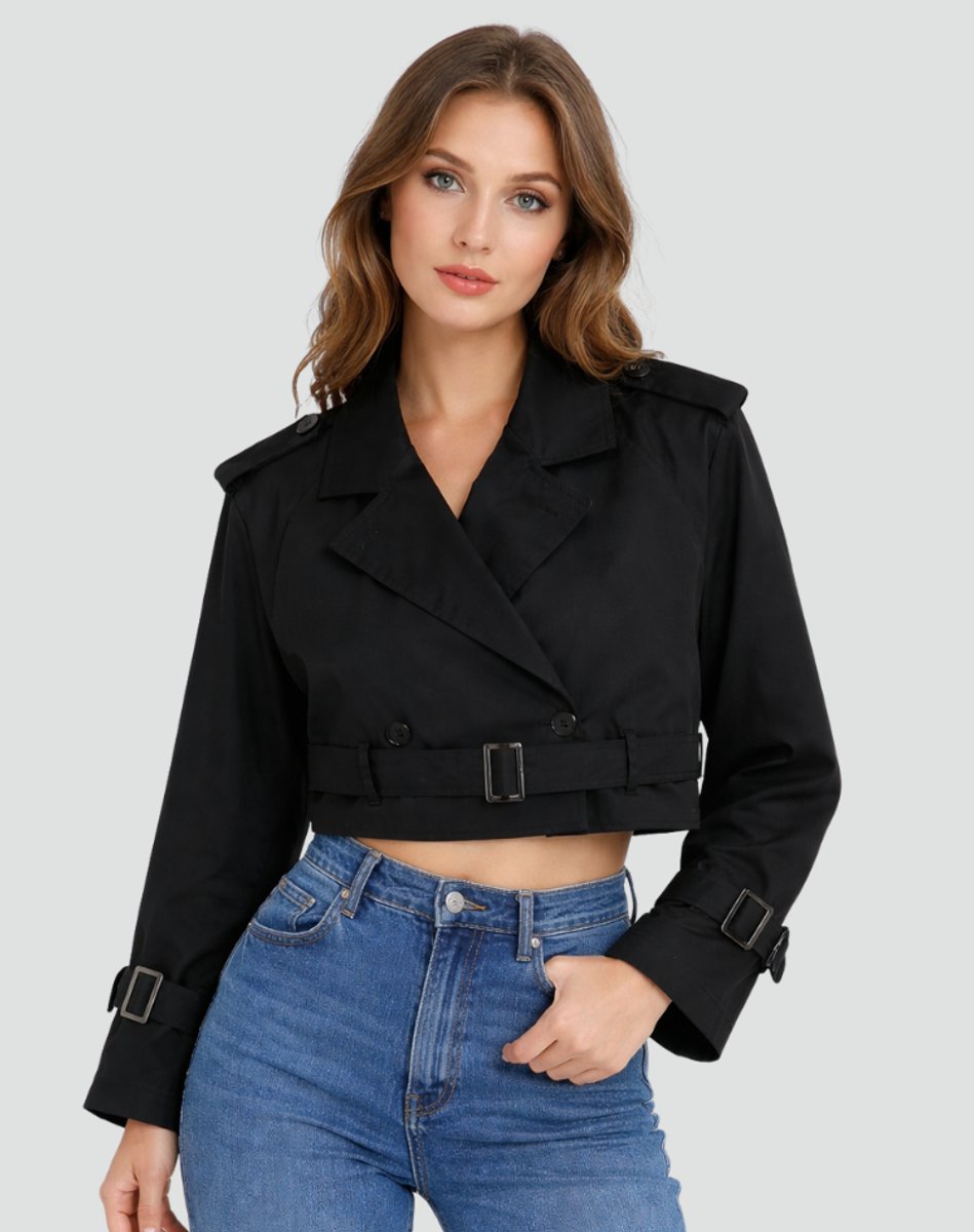Women's Cropped Double-Breasted Belted Trench Jacket
