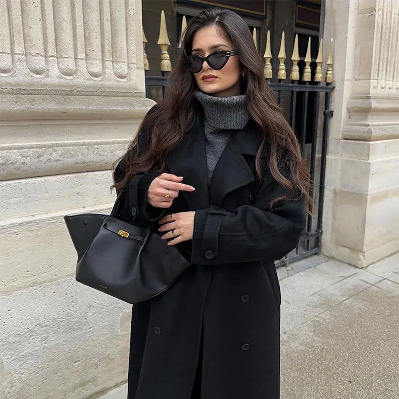 Women's Double-Breasted Maxi Coat with Lapel Collar