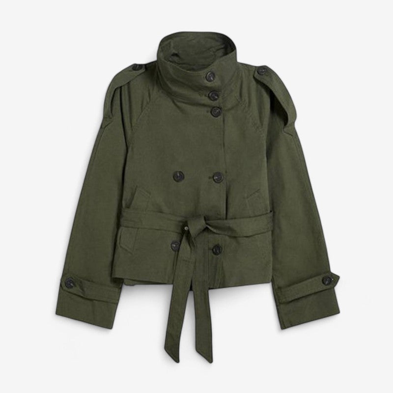 Women's Double-Breasted Short Trench Coat with Stand Collar