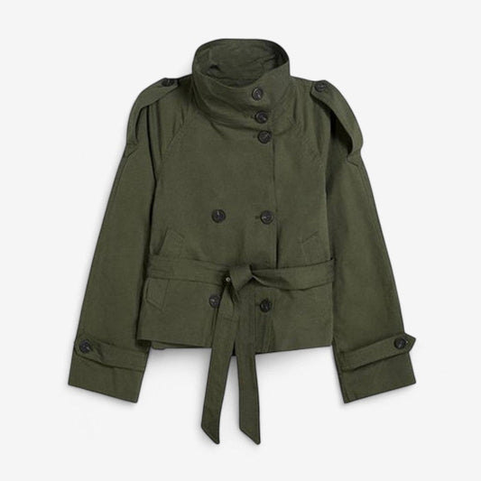Women's Double-Breasted Short Trench Coat with Stand Collar
