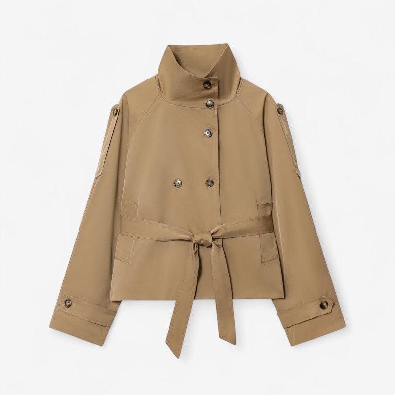 Women's Double-Breasted Short Trench Coat with Stand Collar
