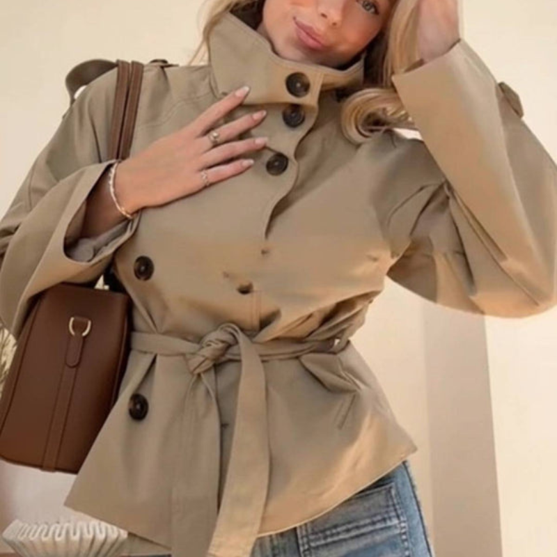 Women's Double-Breasted Short Trench Coat with Stand Collar