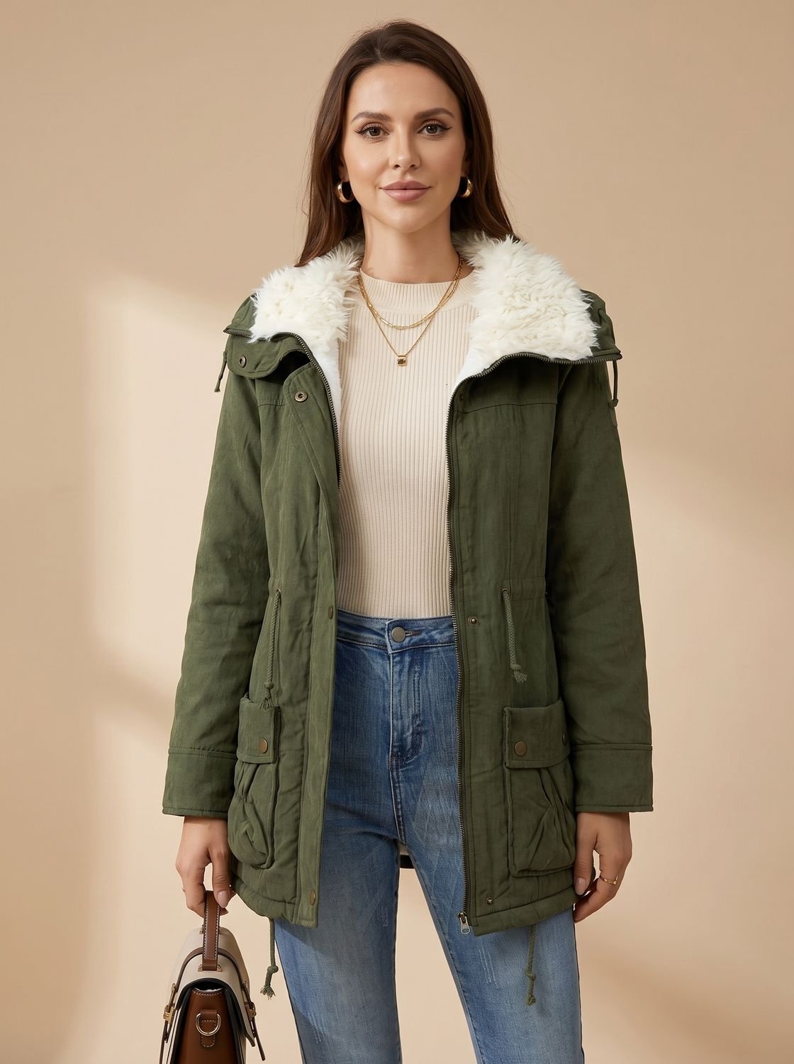Women's Drawstring Waist Winter Parka Coat