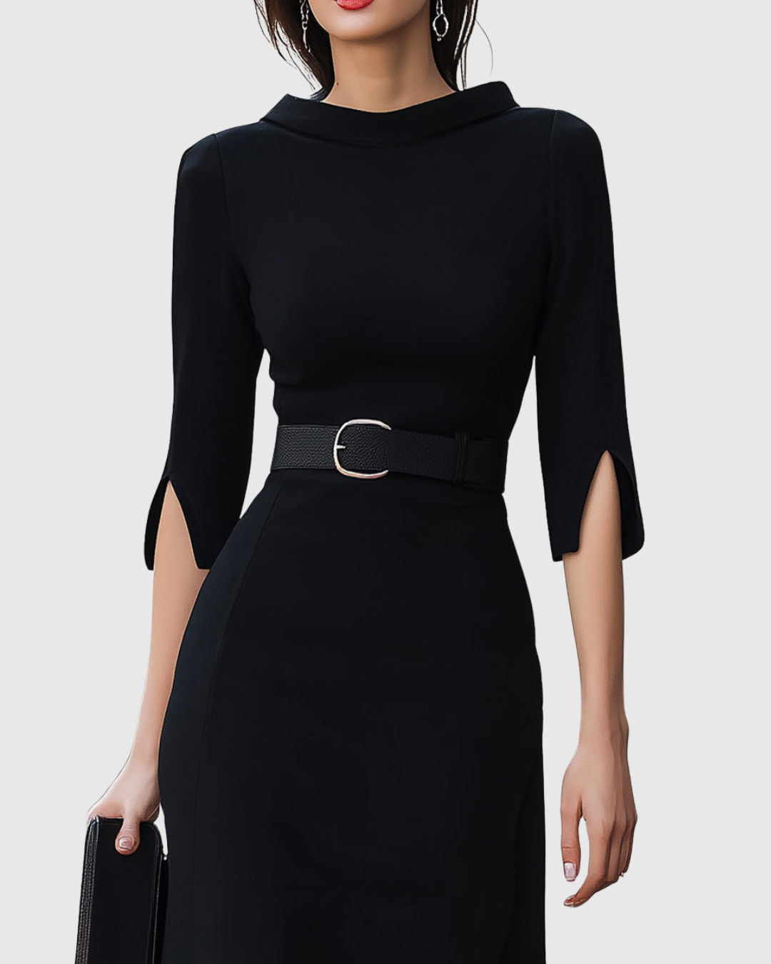 Women's Elegant Black Midi Dress with Tailored Waist