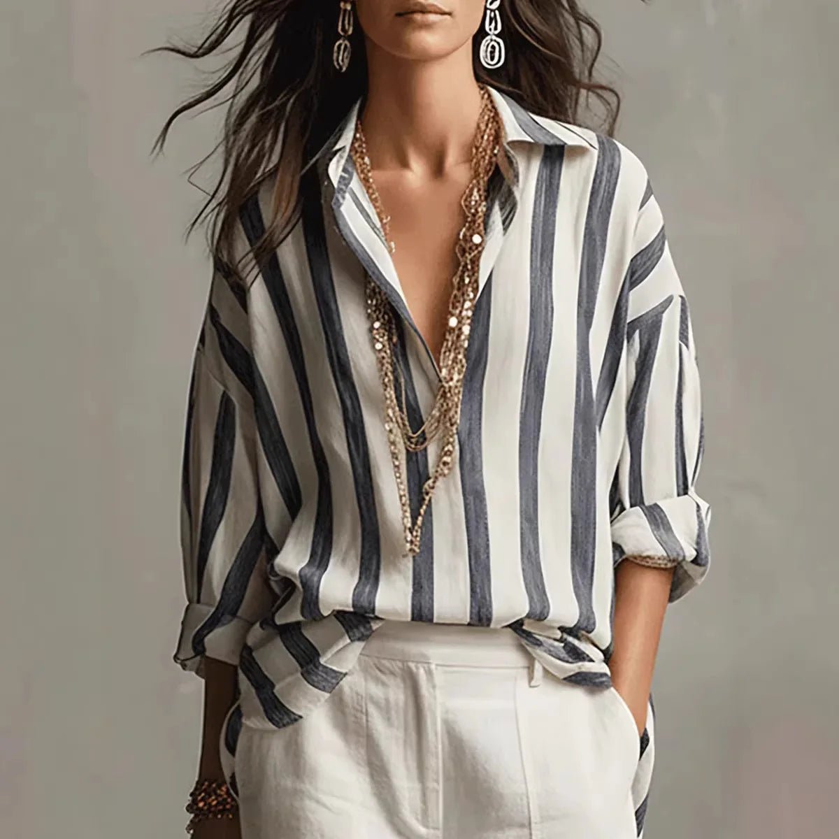 Women's Elegant Vertical Stripe Blouse with Open Collar