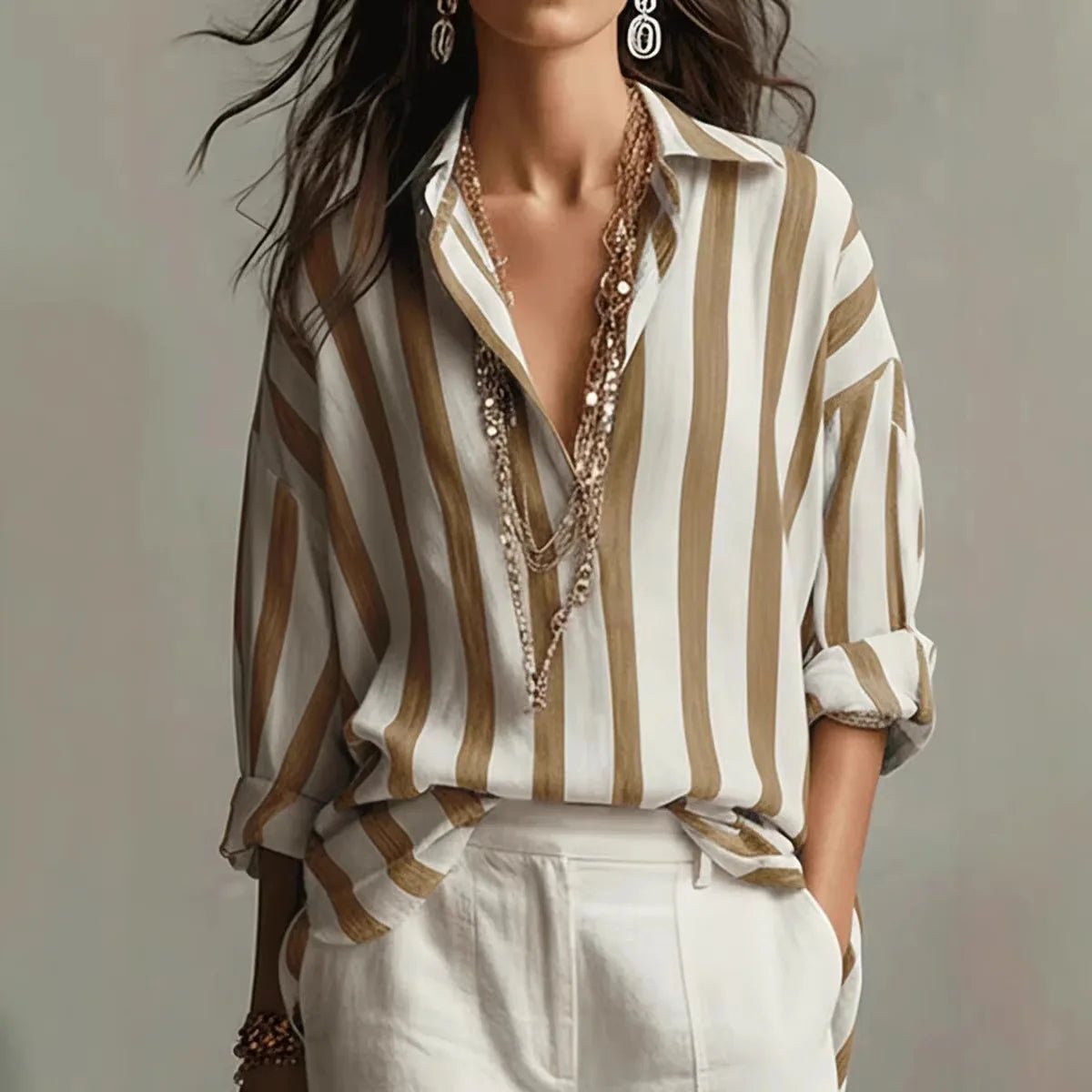 Women's Elegant Vertical Stripe Blouse with Open Collar