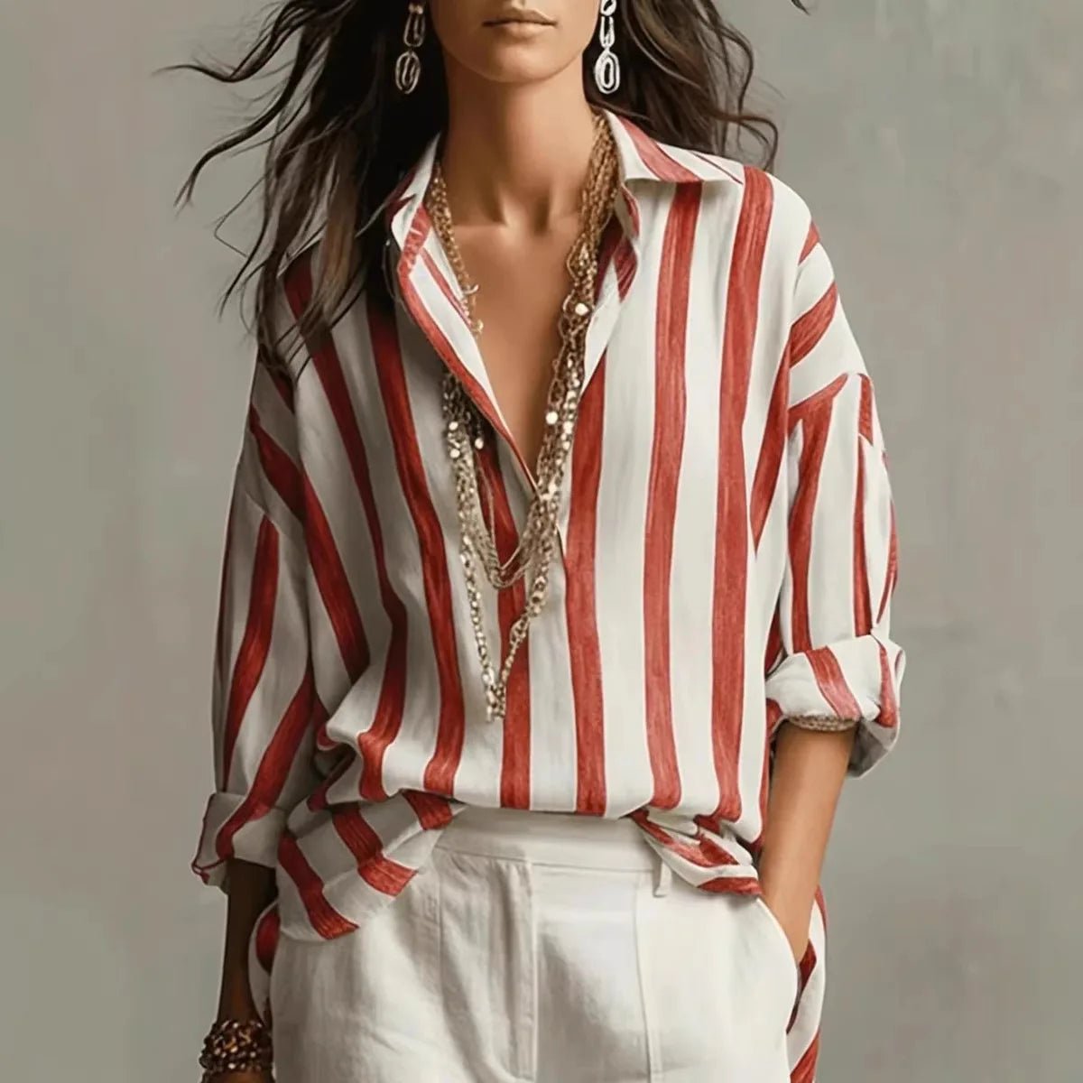 Women's Elegant Vertical Stripe Blouse with Open Collar