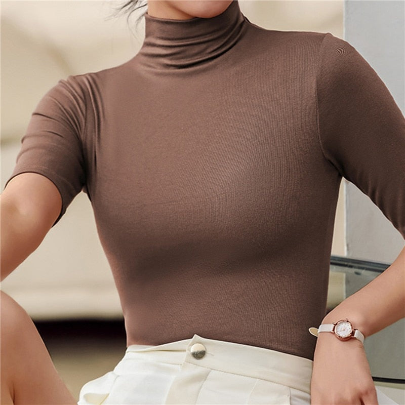 Women's Fitted Elbow-Sleeve Turtleneck Top