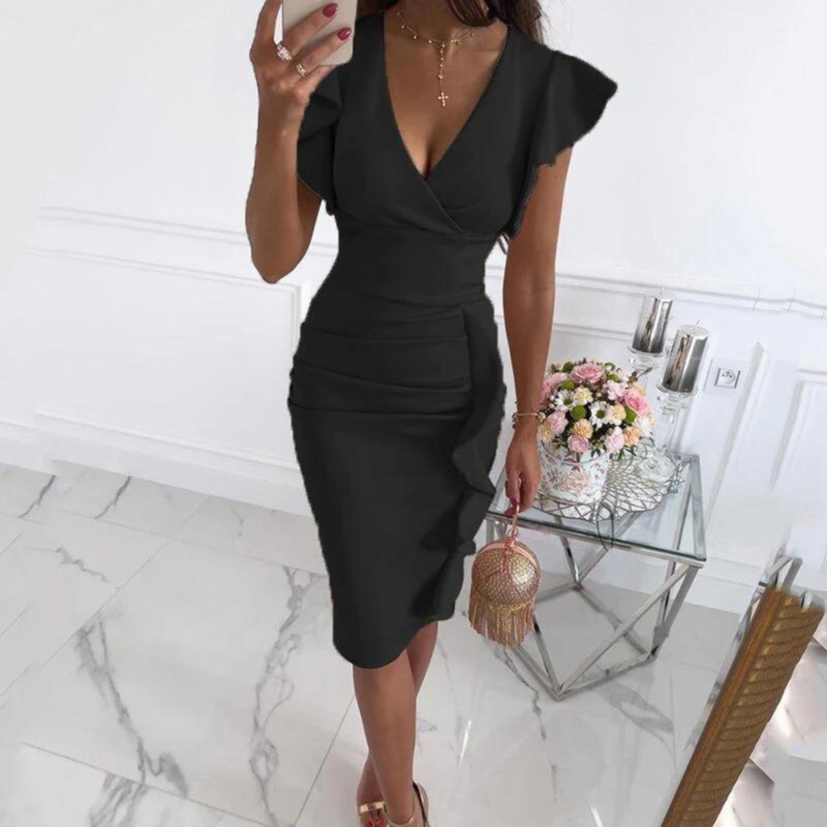 Women's Fitted V-Neck Summer Midi Dress