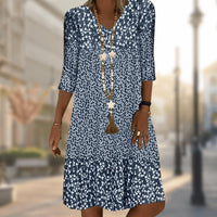Women's Floral Print V-Neck 3/4 Sleeve Midi Swing Dress
