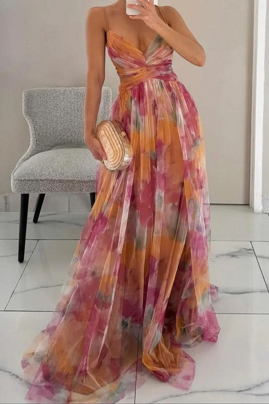Women's Floral Sleeveless V-Neck A-Line Maxi Cocktail Dress