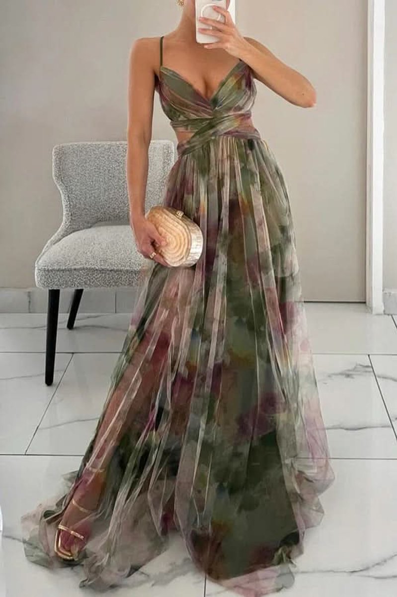 Women's Floral Sleeveless V-Neck A-Line Maxi Cocktail Dress