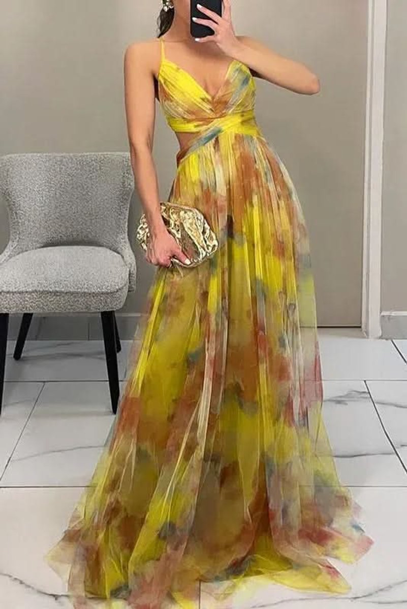 Women's Floral Sleeveless V-Neck A-Line Maxi Cocktail Dress