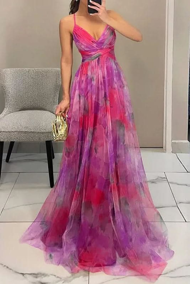 Women's Floral Sleeveless V-Neck A-Line Maxi Cocktail Dress