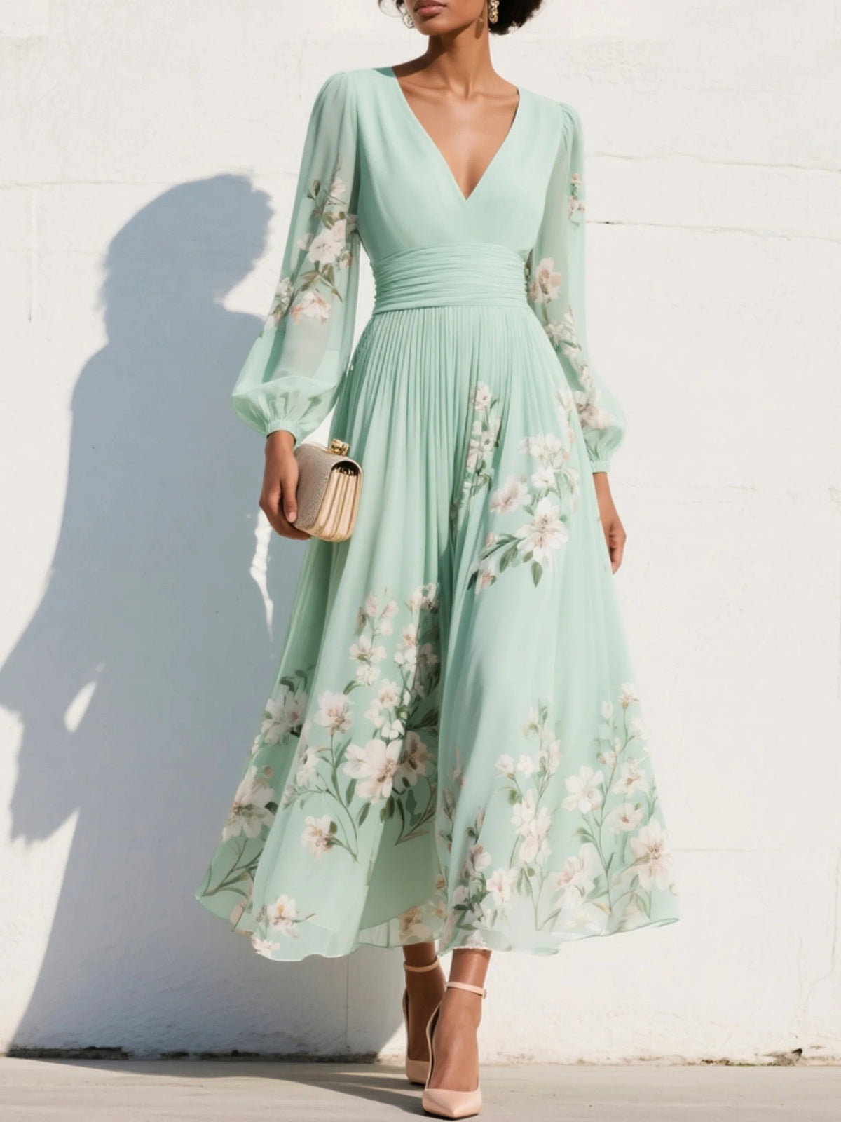 Women's Floral V-Neck Balloon Sleeve Midi Dress