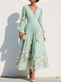 Women's Floral V-Neck Balloon Sleeve Midi Dress