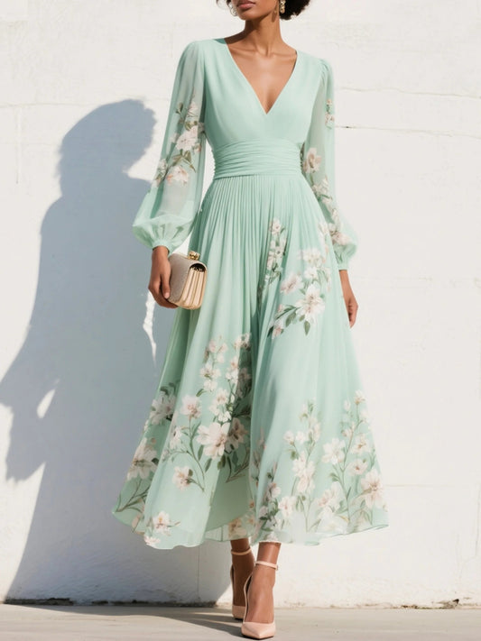Women's Floral V-Neck Balloon Sleeve Midi Dress