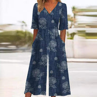 Women's Floral V-Neck Elbow-Sleeve Wide-Leg Palazzo Jumpsuit