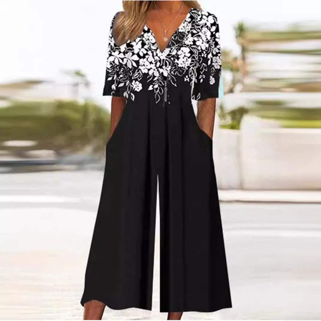 Women's Floral V-Neck Elbow-Sleeve Wide-Leg Palazzo Jumpsuit