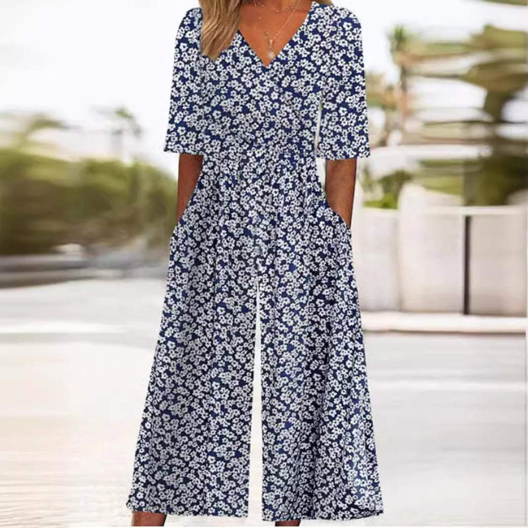 Women's Floral V-Neck Elbow-Sleeve Wide-Leg Palazzo Jumpsuit