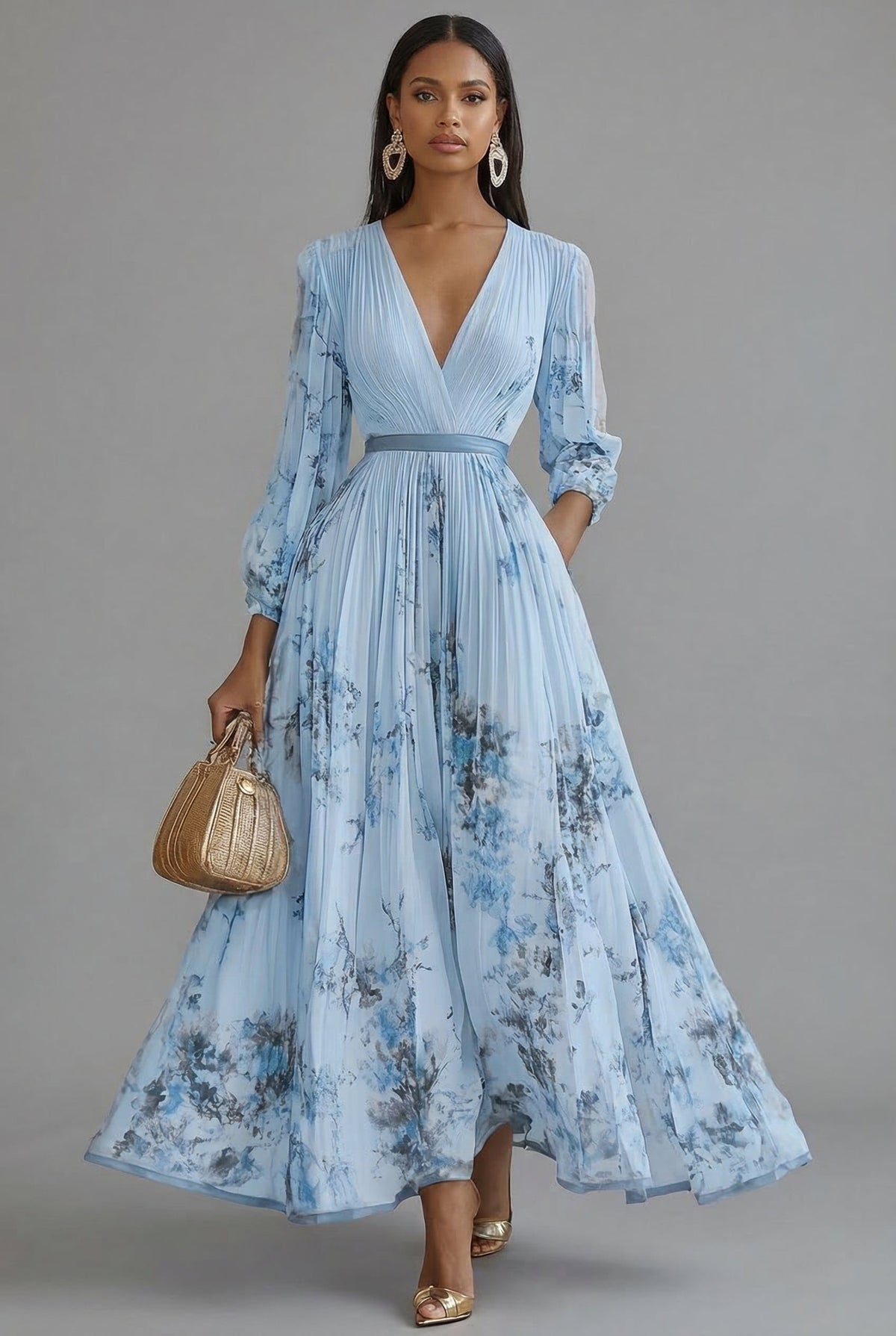 Women's Floral V-Neck Long Sleeve Pleated Maxi Dress