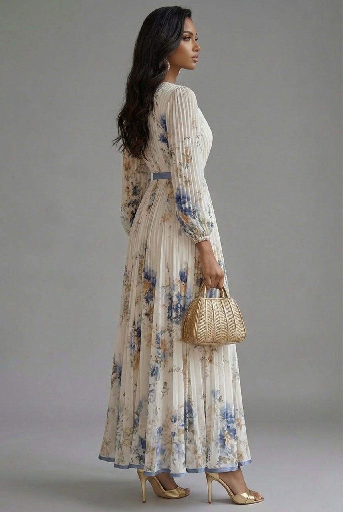 Women's Floral V-Neck Long Sleeve Pleated Maxi Dress