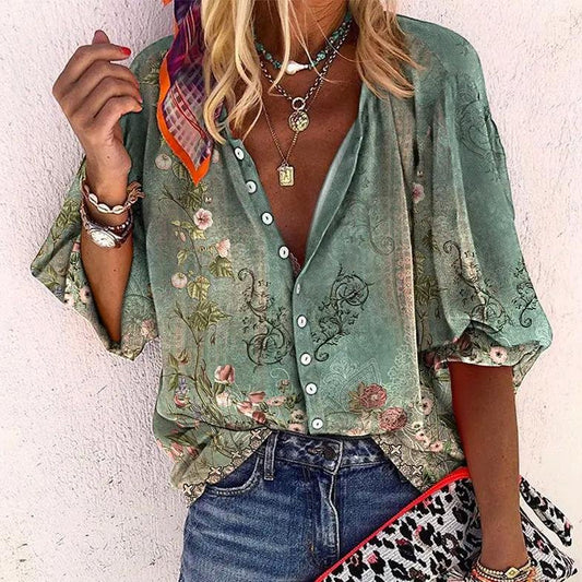 Women's Floral V-Neck Short Sleeve Button-Front Blouse