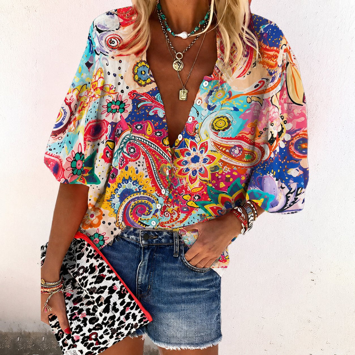 Women's Floral V-Neck Short Sleeve Button-Front Blouse