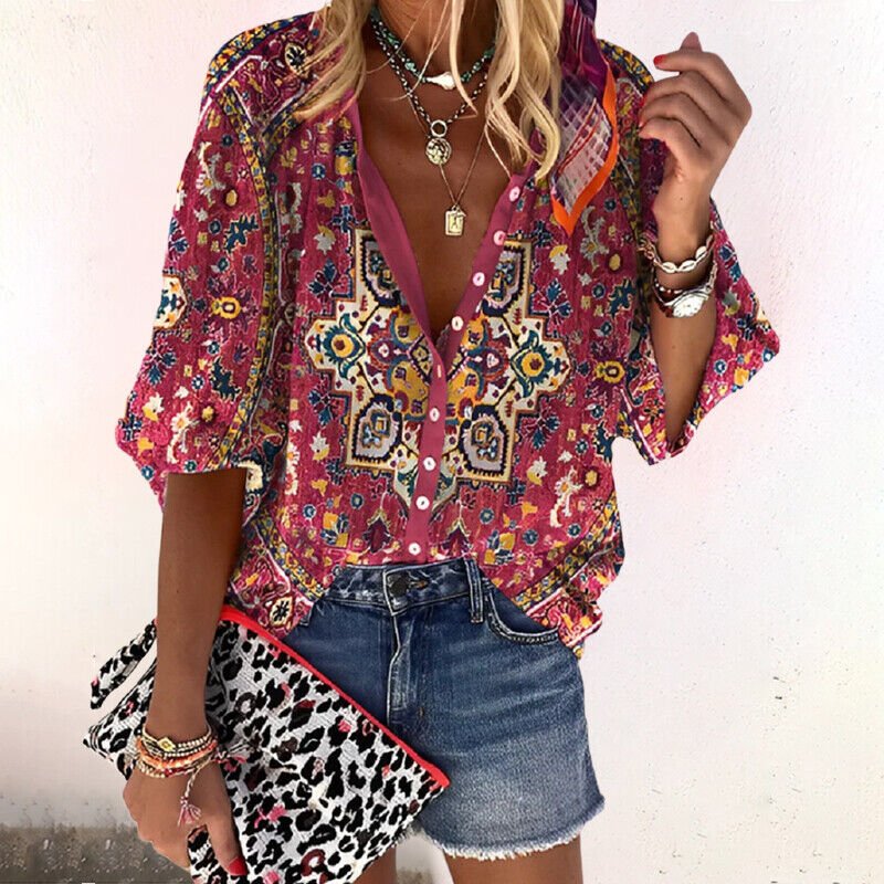 Women's Floral V-Neck Short Sleeve Button-Front Blouse