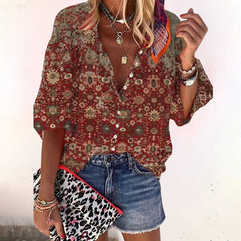 Women's Floral V-Neck Short Sleeve Button-Front Blouse