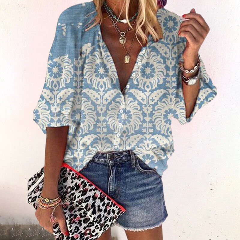 Women's Floral V-Neck Short Sleeve Button-Front Blouse