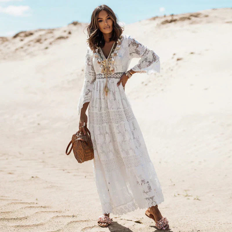 Women's Flowy Long Sleeve Boho Maxi Dress