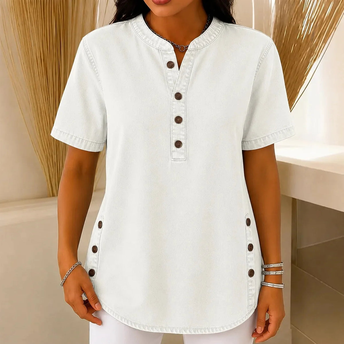 Women's Henley Tunic Top with Side Buttons