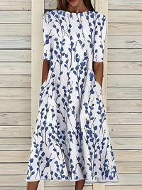Women's High-Neck Floral A-Line Midi Summer Dress