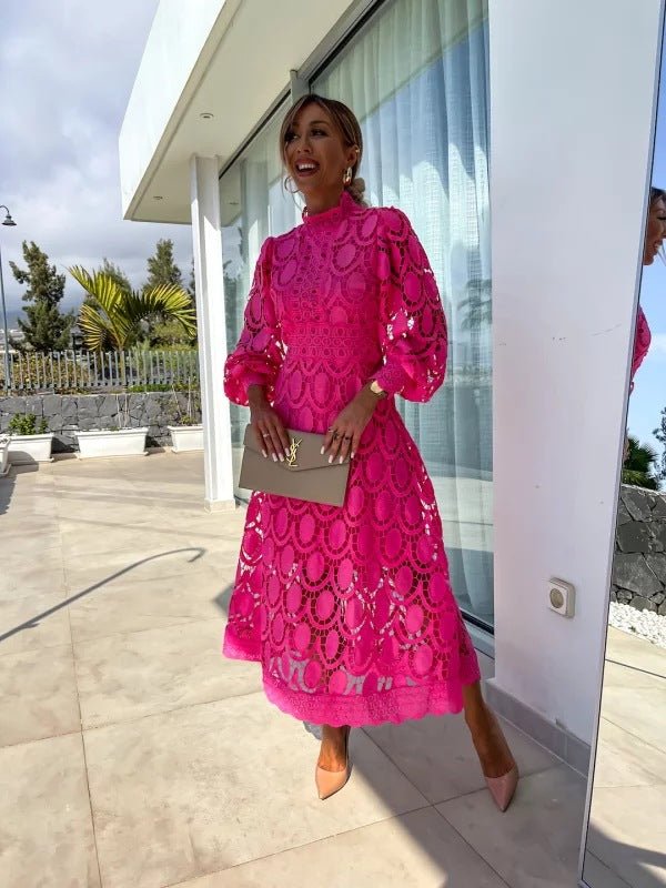 Women's High-Neck Long-Sleeve A-Line Midi Evening Dress