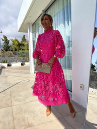 Women's High-Neck Long-Sleeve A-Line Midi Evening Dress