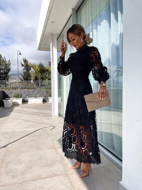 Women's High-Neck Long-Sleeve A-Line Midi Evening Dress