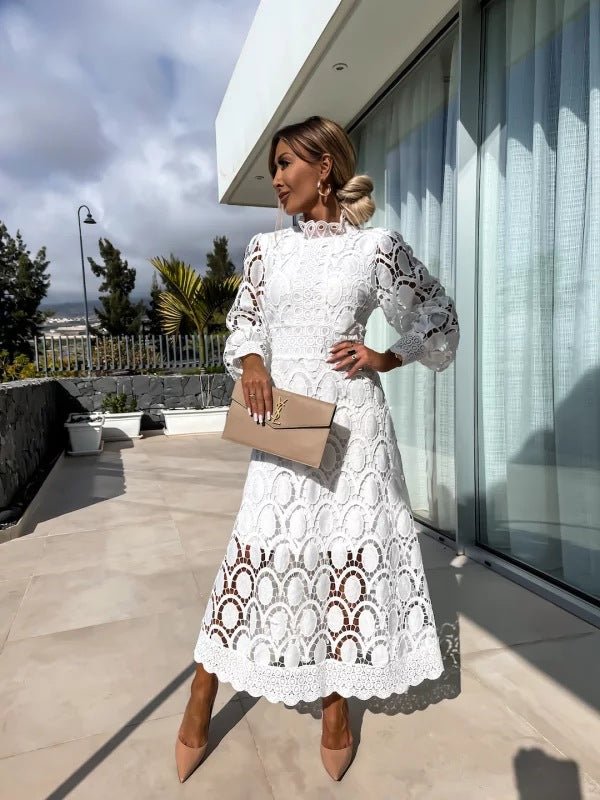 Women's High-Neck Long-Sleeve A-Line Midi Evening Dress