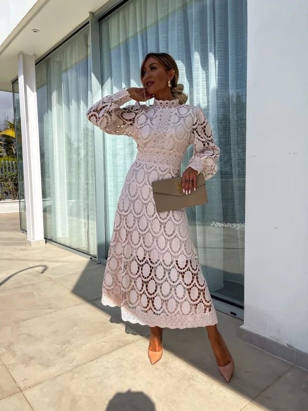 Women's High-Neck Long-Sleeve A-Line Midi Evening Dress