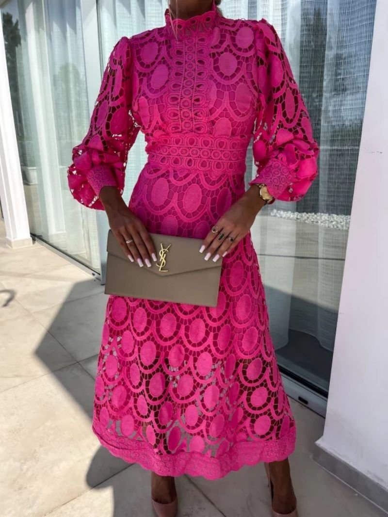 Women's High-Neck Long-Sleeve A-Line Midi Evening Dress