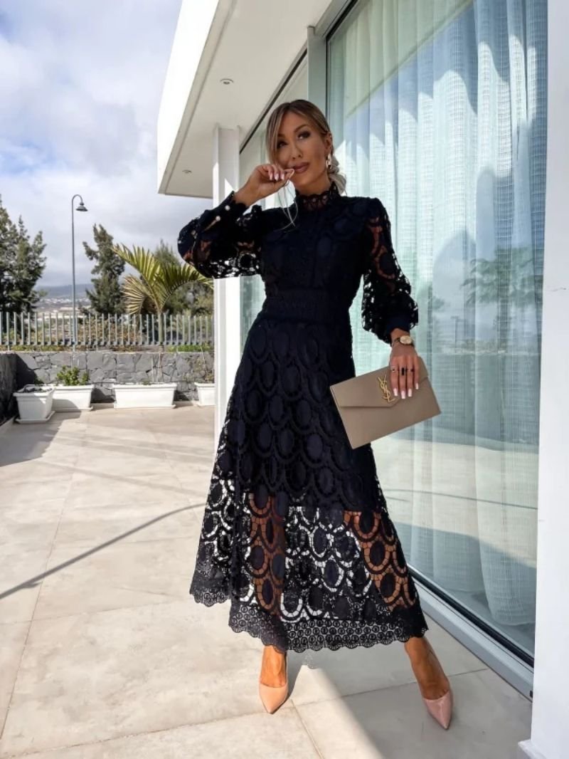 Women's High-Neck Long-Sleeve A-Line Midi Evening Dress