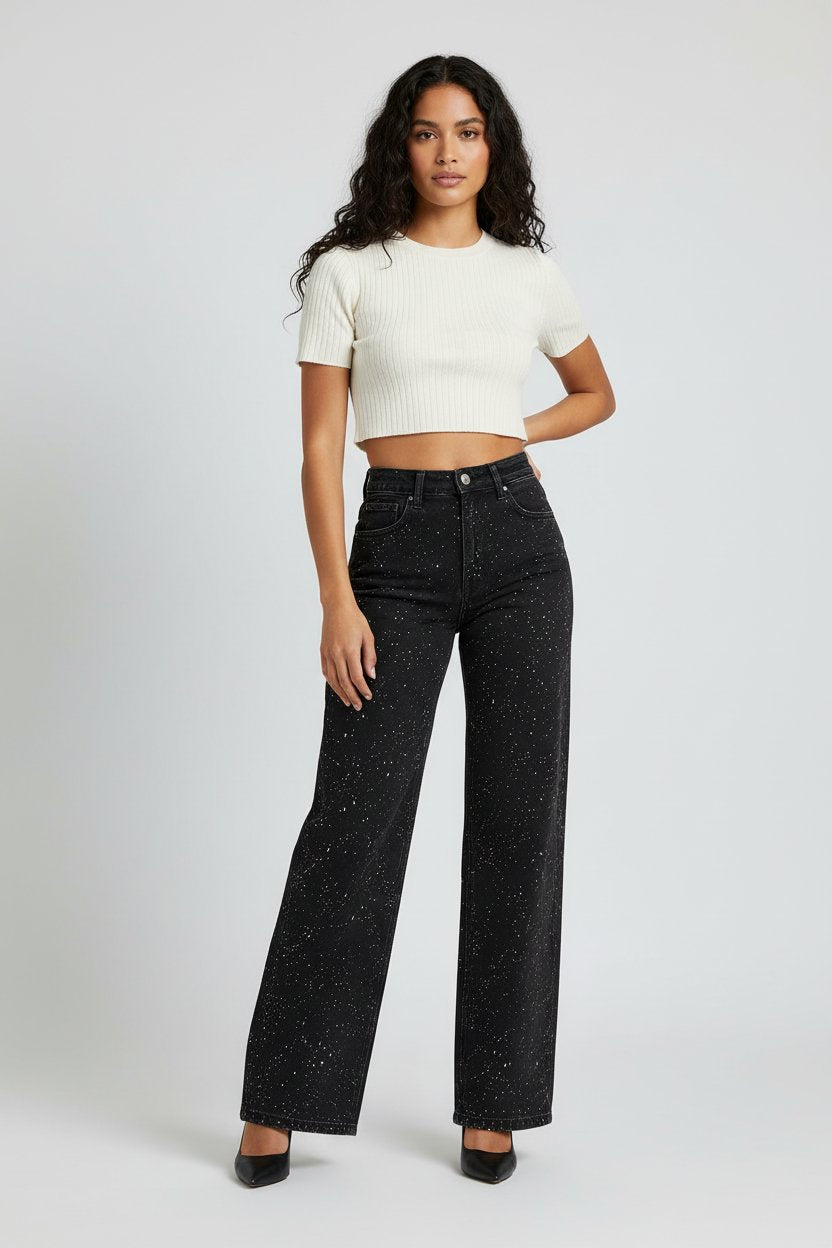 Women's High-Waist Glitter Wide-Leg Straight Jeans
