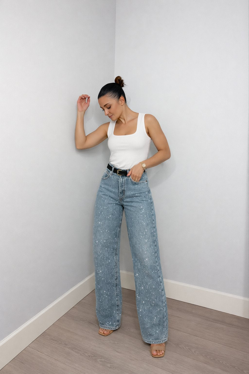 Women's High-Waist Glitter Wide-Leg Straight Jeans
