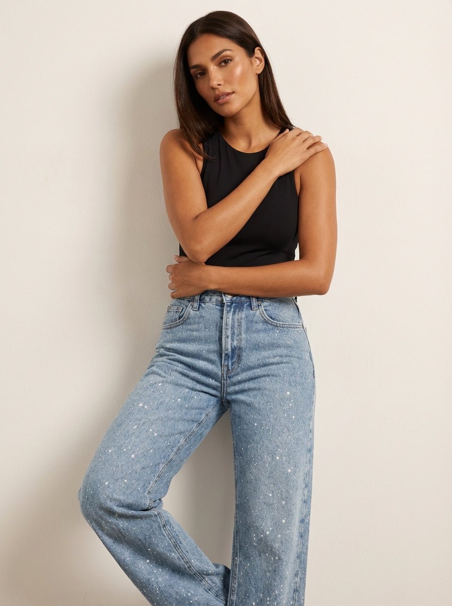 Women's High-Waist Glitter Wide-Leg Straight Jeans