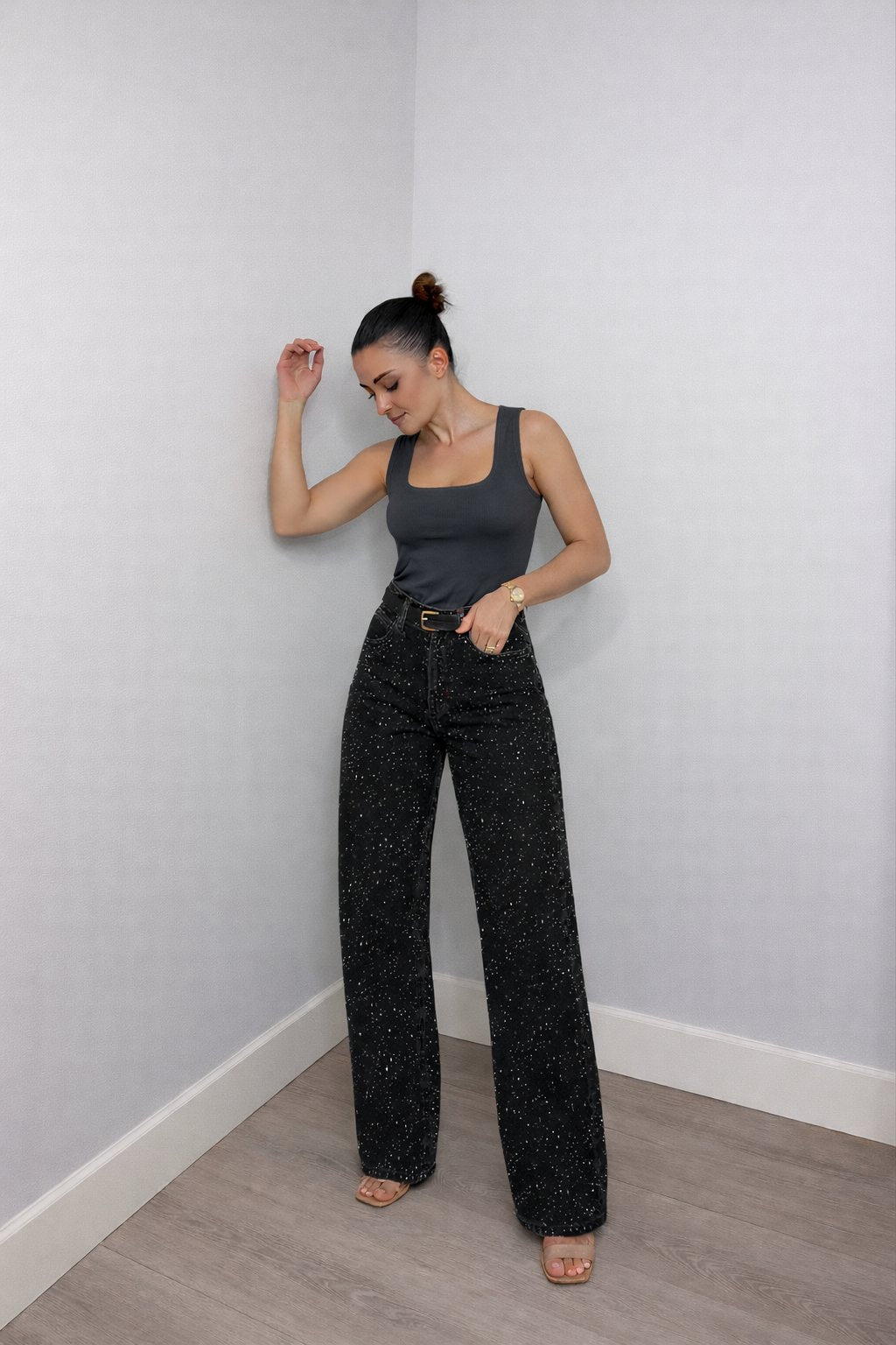 Women's High-Waist Glitter Wide-Leg Straight Jeans