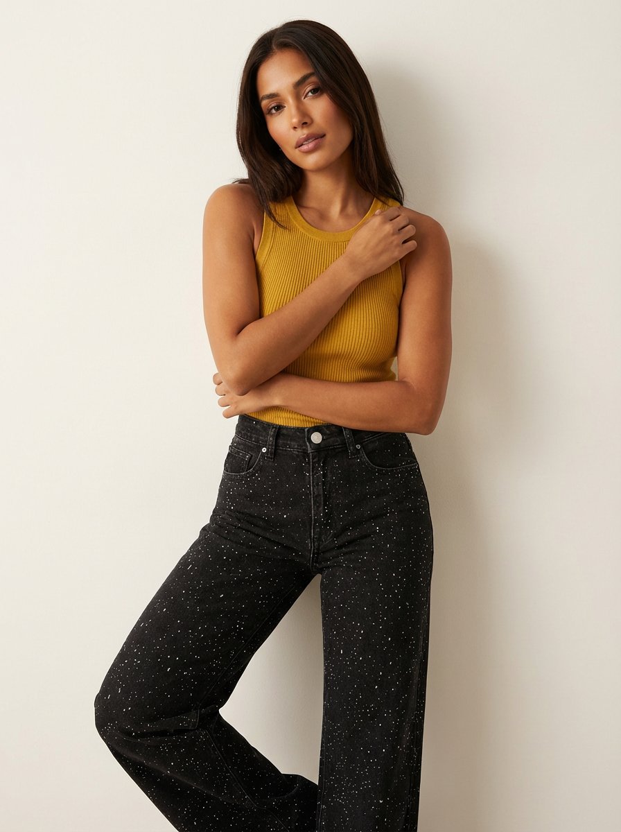 Women's High-Waist Glitter Wide-Leg Straight Jeans