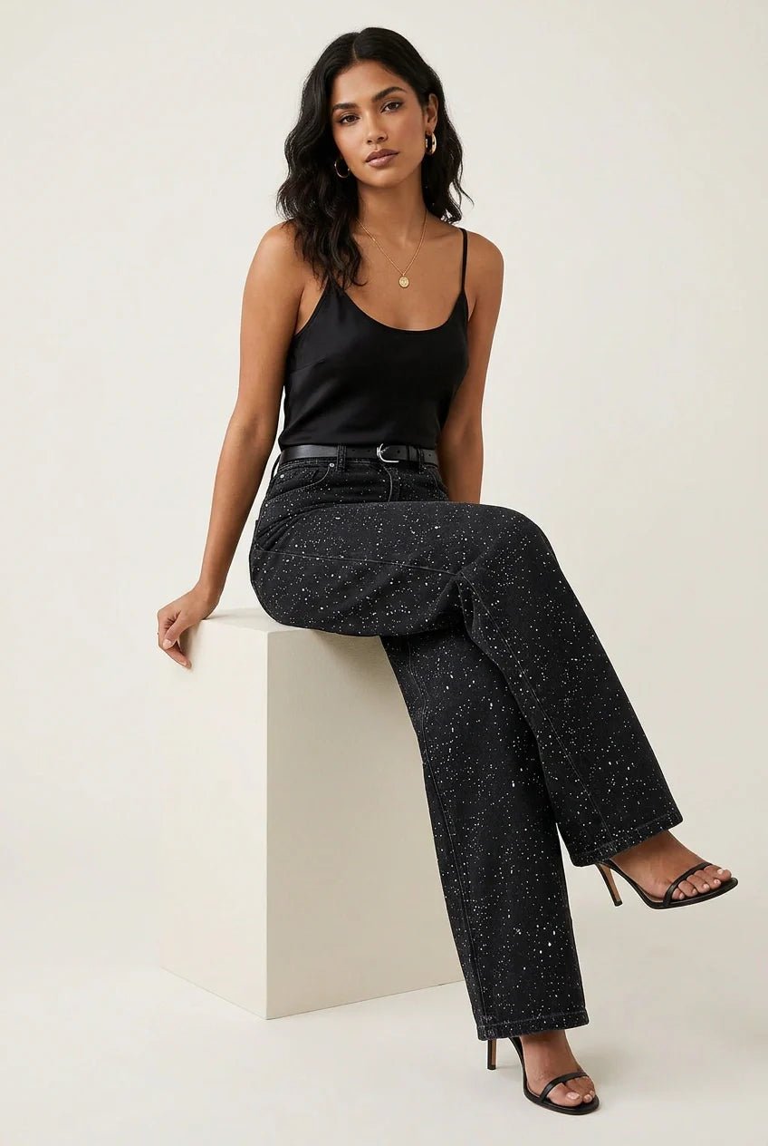 Women's High-Waist Glitter Wide-Leg Straight Jeans