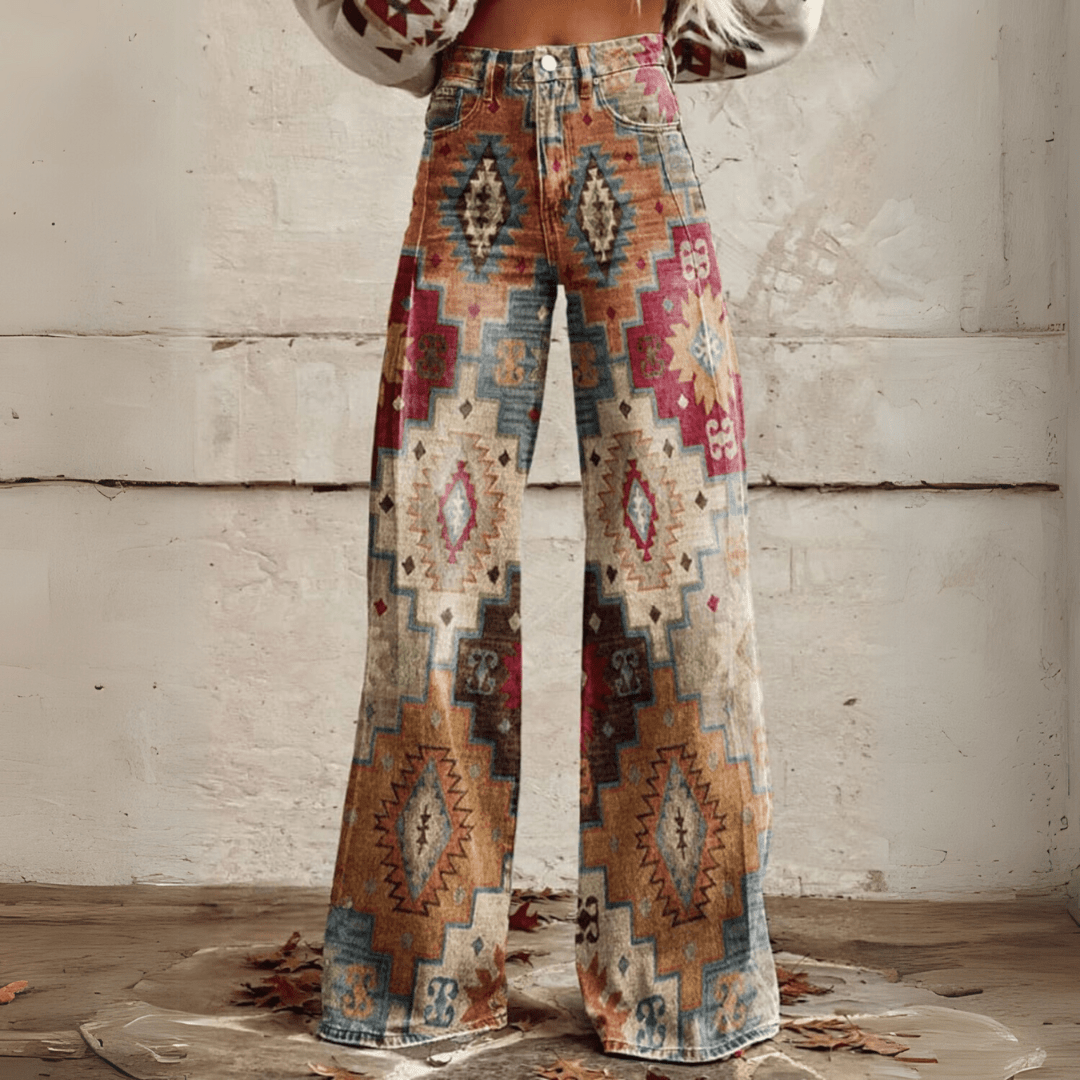 Women's High-Waist Wide-Leg Jeans with Trendy Print