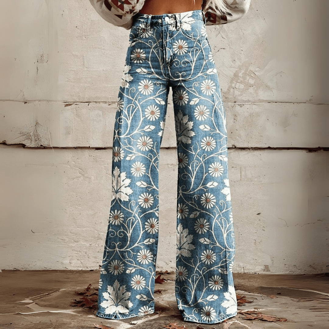 Women's High-Waist Wide-Leg Jeans with Trendy Print